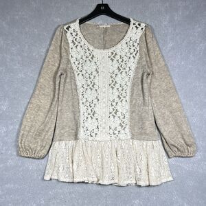 Ryn Sweater Womens Size Large White Brown Crew Neck Long Sleeve Lace